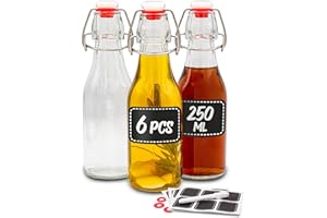 Praknu 6 Bottiglie Vetro 250ml con Tappo Ermetico con 6 Guarnizioni Extra, 12 Ettichette e Penna - per Olio, Liquori, Vino, Birra e Succhi