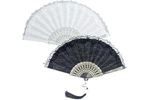 BRISKORE Abanicos de encaje vintage, 2 unidades, de encaje, con colgante, para espectáculos, danza, fajer para mujer, para graduación, fiestas, bodas (negro, blanco)