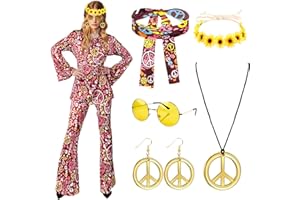 KITIMI 6 pezzi costume hippie, da donna, anni '60, anni '70, abbigliamento da donna, fascia hippie, fascia per capelli, orecchini, da discoteca, accessori hippie da donna, costume da carnevale per feste di
