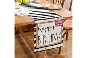 HANRUNSI Tischläufer Schwarz Birthday Geburtstagstischläufer Schwarze Streifen Geburtstagstischläufer mit Goldenen Punkten Kuchenkerzen Tischläufer Wäsche Küche Esstischdekoration Home Party Dekor 33 x 183