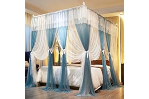 Joyreap Luxury 4 Corners Post Canopy Bed Curtains - Blue & White Cozy Drape Netting - Cute Princess Bedroom Decoration Accessories (59" W x 78" L, Full/Queen)