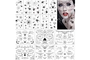 FLYFTREY 16 Feuilles Halloween Tatouages Temporaires pour visage araignée, Noir Tatouages éphémères Pour Homme Femme Adulte Enfants Fluorescence Halloween Déguisement Costume Maquillage Fête