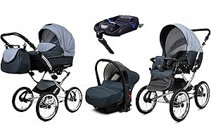 BabyLux® Carrito de Bebé Sistema de Viaje Set 4 en 1 - Margaret Exclusive - incl. Capazo, Silla de Paseo, Silla Coche, ISOFIX Base - Cochecito - con Bolso cambiador, Cubierta para la lluvia etc.