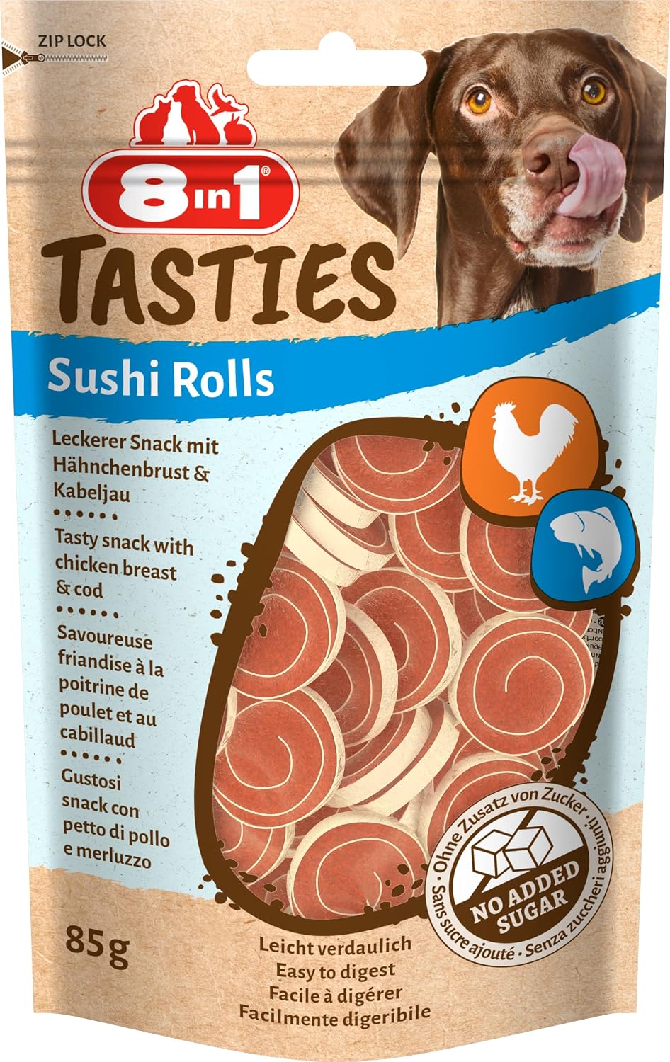 8in1 Tasties Sushi Rolls Friandises pour chien sans gluten avec morue et poitrine de poulet 85 g