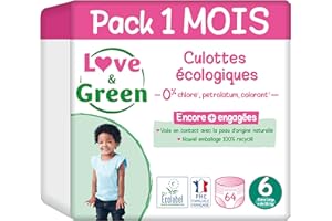 Love & Green - Couches Culottes Saines et Ecologiques Taille 6 (+16 kg) Pack 1 Mois (64 culottes) - Absorbante, anti-fuites et sans ingrédients indésirables