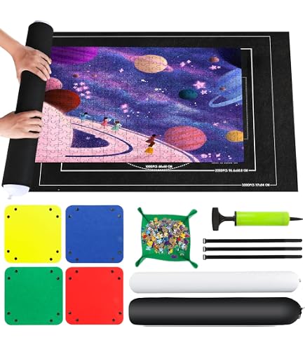 MOYKSRR Tapis De Puzzle Roulant Feutre 124 X 90 Cm – Pour 500 à 3000 Pièces – Avec 6 Trieurs, Tube Gonflable, Sac De Rangement – Idéal Cadeau