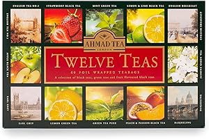 ‎AHMAD TEA Ahmad Tea - Twelve Teas - Sortiment aus 12 Sorten Schwarztee und Grüntee mit verschiedenen Geschmackssorten - 60 Einzeln Verpackte, Aromaversiegelte Teebeutel mit Band, 120g Tee