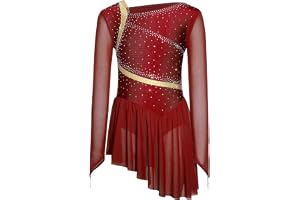 Sinleey konståkningsklänning barn, flickor, asymmetrisk dansklänning, konstlöpning, långärmad, strass, formpassform, gymnasti
