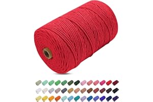Corde Macramé 3mm x 200m, Uiopa Fil Macramé 3mm Corde Coton Naturelle 4 Brins, Coloré Ficelle Cordon Coton pour Tressée DIY, Tentures Murales, Porte Plante, Rideau, Decoration Boheme (Rouge)