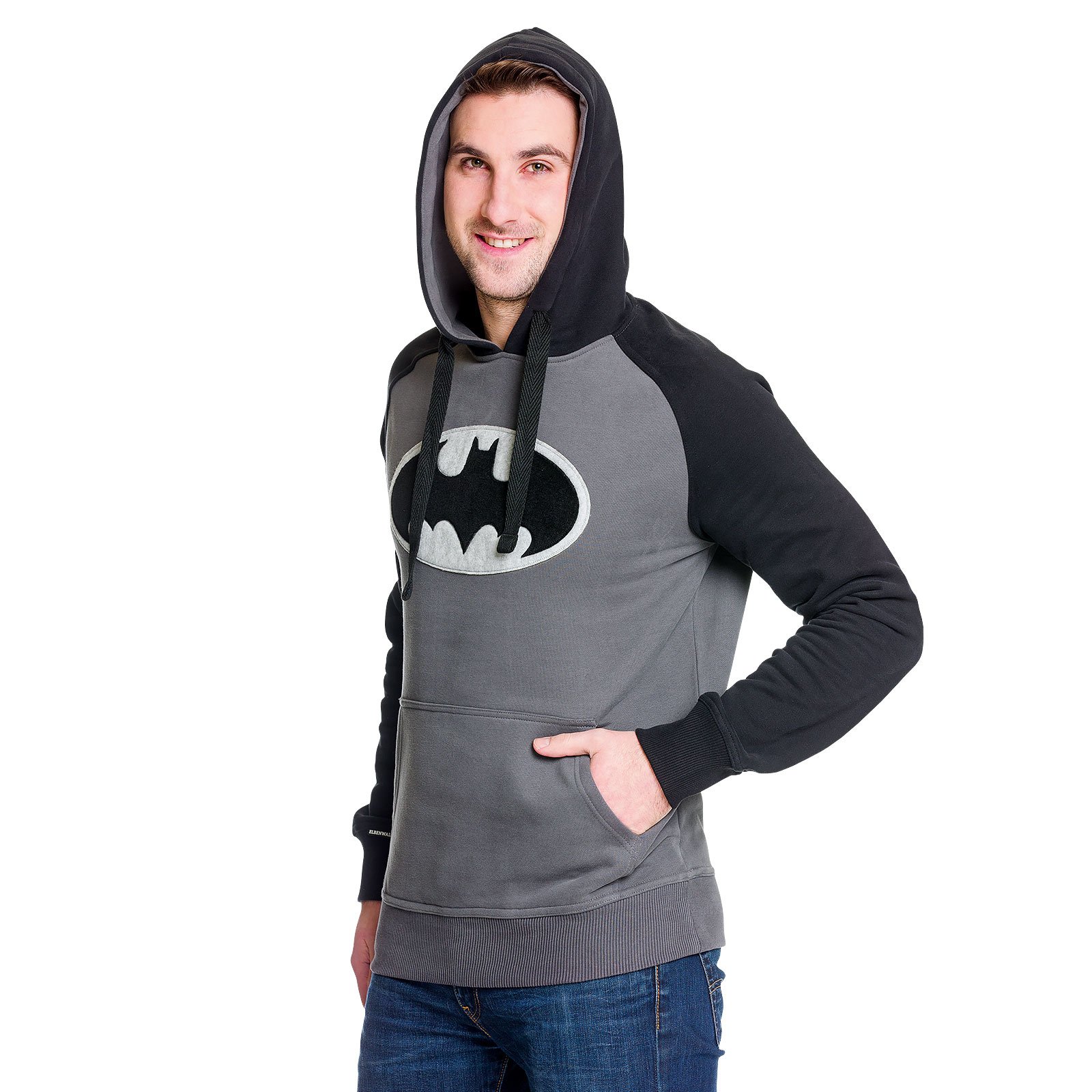 Batman-Herren-Hoodie-Black-Logo-Kapuzen-Pullover-DC-Comics-Elbenwald-Grau-Schwarz