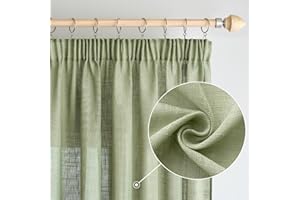 Woaboy Leinen Gardinen mit Kräuselband Vorhänge Wohnzimmer Leinenoptik Halbtransparent Stores Gardine Schlafzimmer Modern Schlaufengardinen 2er Set 140x225cm (BxH) Grün