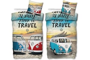 BERONAGE VW Volkswagen Bulli Time to Travel pościel 135 cm x 200 cm + 80 cm x 80 cm 100% bawełna jakość renforcé-Linon Camper Van VW-Bus 2 motywy T1 T2 T3 retro pościel dwustronna zamek błyskawiczny 186