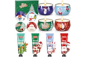 FONTOEN Set da Regalo Natale, 4 pezzi Candele Profumate Natale + 4 pezzi Crema Mani Regalo Natale, ad Alta Idratazione, Cera di Soia Naturale Aromaterapia, Set Candele Profumate Regalo Natalizie per Donne