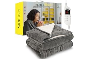 MONHOUSE Heated Throw - Electric Blanket - Digital Controller - Timer up to 9 hours, 9 Heat Settings, Auto Shutoff - Machine Washable - King 180X200cm - GREY SHEARLING