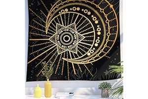 Berkin Arts Decoración Tapiz con Símbolos de Misterioso Ocultos Dorados, Tapices Telón de Fondo Estético Colgante de pared Sol Media Luna Estrella Abstracto Gótico para interior exterior 150 x 200 cm