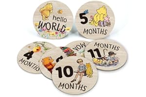 PAMBO The Pooh Baby Bear Month Milestone Circles, Wooden Discs Stuff for Baby Photo Takens with Hello World Name Signs - 7Pcs Double Sided Signs for Documenting Growth