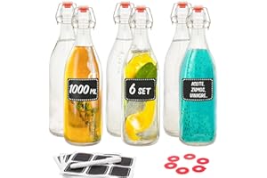 Praknu 6 Botellas Cristal 1 Litro con Tapón Hermético - con 12 Etiquetas y Rotulador - Botella Vidrio para Bebidas Caseras, Licores, Aceite, Cerveza Artesanal, Kombucha & Vinagre.