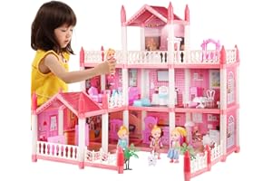 GORWOCO8 DIY Doll House 3-Story 9 Rooms Princess Dream Castle Pink Dolls Villa Dream Toy Set with String Light and Furniture Accessories Children Christmas Toy Gift for 4-6 Years Old Girls