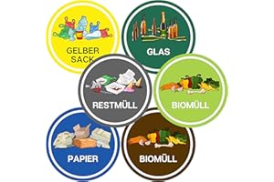 GENTLE NORTH Sticker Wheelie Bin for Waste Separation (Set of 6 – 9.5 cm – Round) – Children's Friendly Designs (Yellow Sack, Waste Glass, Waste Paper, Residual Waste, Organic Waste) – UV Protection for Indoor and