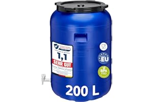 Garronda 200 Liter Weithalsfass BPA-frei Futtertonne Fass mit Hahn Universalfass Lebensmittel Fass Regenfass für Garten Regentonne mit Deckel Regenwassertonne für Garten Wassertonne GD-0092, Blau