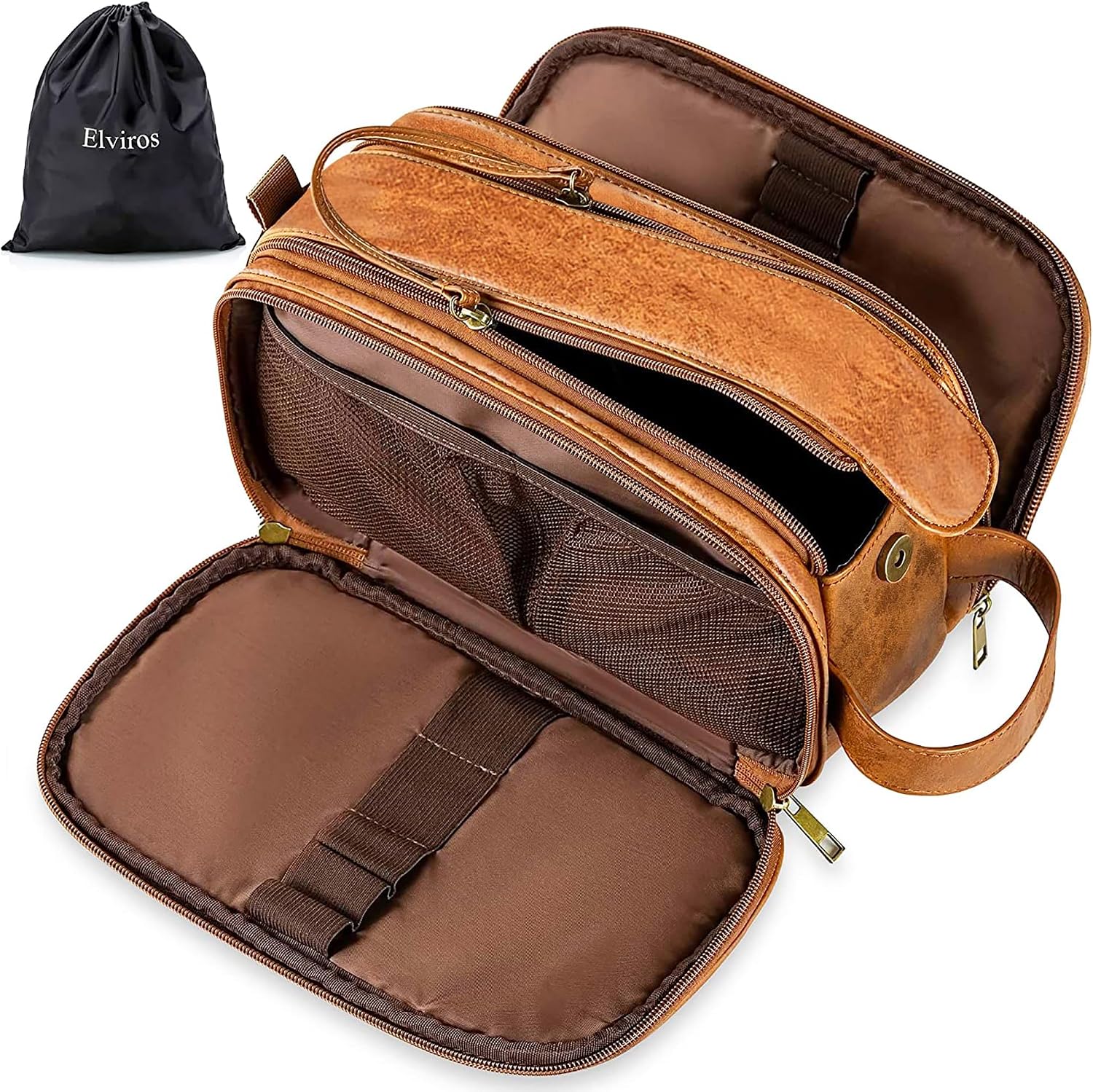 Elviros Water-Resistant PU Leather Toiletry Bag for Men Large Travel Wash Bag Shaving Dopp Kit Bathroom Gym Toiletries Makeup Organizer with Wet Dry Bag,Gift for Men