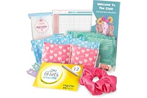 LONDON CAROUSEL Emergency Kit Bag for Girls - Mini Box of Lil-Lets Teen Pads, Always Pads, Lil-Lets Tampons Applicator x12, Panty Liners, Feminine Wipes a Scrunchie, Period Info Flyer and Period Tracker