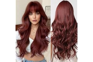 Allbell lange gewellte weinrote Perücken für Frauen, Cosplay-Perücke mit Pony, synthetische Perücke, natürliches Haar