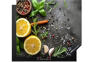 KitchenYeah© Protection Plaque Induction 60x52 cm Protege Deco Cuisine Cache Protège De Cuisson Accessoire Citron - Béton - Poivre - Épices - Fruits