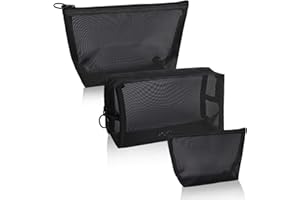 QH-SHOP Neceser de Maquillaje, Malla Bolsa de Aseo Cosméticos, Bolsa de Artículos de Tocador de Viaje con Cremallera para Mujer y Hombre, Juego de 3 (Negro)