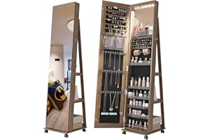 Lvifur 6LEDS Armadietto Portagioie con specchio a corpo intero,Armadietto Portagioie Girevole a 360° con ampio spazio di archiviazione Adatto per camera da letto,soggiorno
