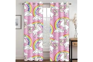 WEQEER Rideaux opaques - Rideau occultant - Motif licorne - Dessin animé - Cheval rose - Rideau de fenêtre pour chambre d'enfant - Motif arc-en-ciel - Nuages - 8,280 x 180 cm (2 x 140 x 180 cm)