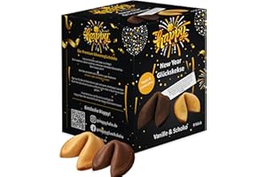 ‎HAPPY Happy New Year Schoko-Vanille Glückskekse | Silvester Geschenk & Tischdeko mit Sprüchen | vegan & laktosefrei | 8 Stück | Glücksbringer zum Jahreswechsel