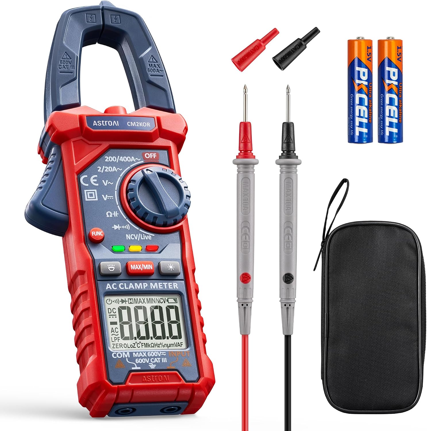 AstroAI Pinza Ampérimetrica, Multímetro Digital Profesional, Polímetro, Voltímetro, Tester para Corriente CA, Voltaje CA/CC, Resistencia, Frecuencia, Capacitancia, Continuidad, Diodos de Prueba