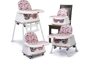 LuvLap 4 in 1 High Chair for Baby, Toddler Feeding Booster Seat with Wheels, 3 Height adjustments, with Cushion, 6 Months to 3 Years, Portable (Pink)