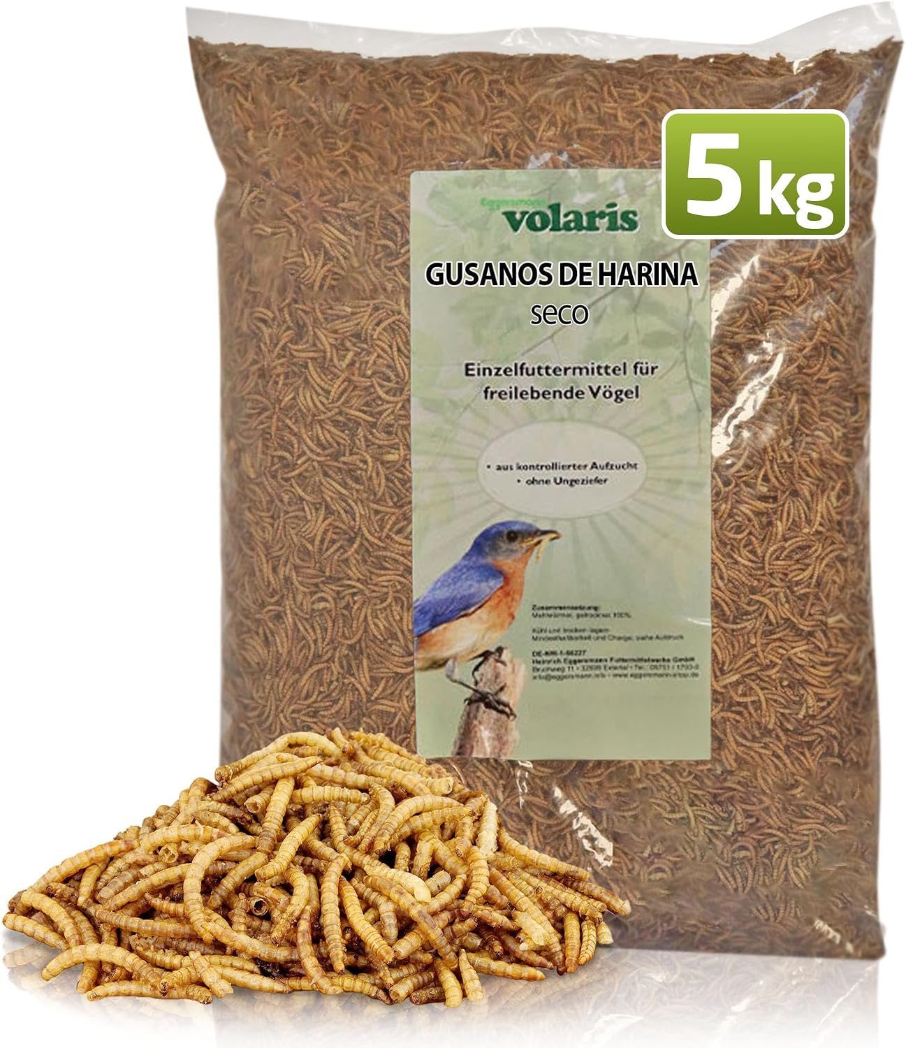 Eggersmann volaris 5 kg de gusanos de harina secos, ricos en proteínas y naturales, ideal para todos los animales domésticos, alimento para todo el año