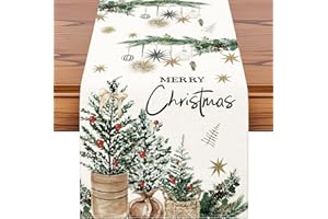 Artscope Xmas Trees Holly Pine Cone Merry Christmas Table Runner, Xmas Seasonal Winter Holiday Kitchen Dining Table Decoration for Home Party Decor 40x180cm