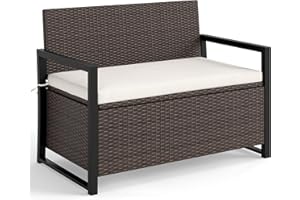 COSTWAY 2 Seater Garden Storage Bench, PE Rattan Deck Box Seat with 150L Box and Padded Cushion, Wicker Outdoor Loveseat Park Bench Chair (Mix Brown)