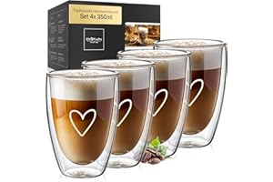 ElbFuchs® Tasses double paroi [4x 350ml] IDÉE CADEAU avec COEUR | Verre double paroi idéaux comme tasse cappuccino ou verre latte macchiato | Tasse à café original | Tasse transparente