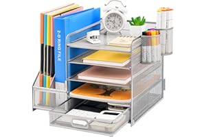 Marbrasse Organizer na Biurko z Uchwytem na Dokumenty,5-Poziomowy Regał na Listy z Szufladą I 2 Uchwytami na Długopisy, Akcesoria Biurko,Miejsce Organizer,Uchwyt Czasopisma (Srebrny)