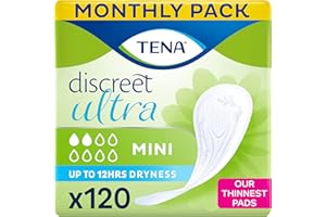 TENA Discreet Ultra Mini, 120 Incontinence Pads (20 x 6 packs) Individually Wrapped, for Women with Light to Medium Bladder Weakness, Incontinence and Unpredictable Drips (Packaging may vary)