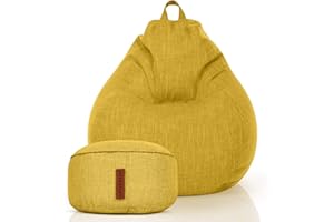 Green Bean© Set da 2 poltrona a sacco XXL per interni + sgabello imbottitura in EPS – Poggiapiedi pouf Cuscino per pavimento sdraiarsi sedersi Poltrona da salotto Poltrona Relax Giallo