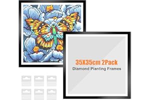 GHHKUD Verbesserte 2 Stück Diamant-Malrahmen, Rahmen für 35 x 35 cm Diamant-Malerei-Leinwand, magnetischer Diamant-Kunstrahmen selbstklebend, Diamant-Malrahmen mit Haken für Wand, Fenster, Tür-schwarz