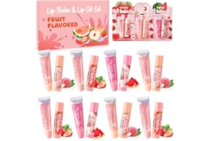 WEBPLATZ Set balsamo e lucidalabbra, 8 balsami labbra + 8 lucidalabbra, set per la cura delle labbro alla frutta per labbra secche e screpolate, Piccoli regali per donne e ragazze Natale Compleanno