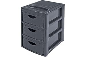 Petite Tour de Rangement - Plastique Anthracite - 3 Tiroirs - Aspect Osier Tressé - A5, Haut. 29 cm - Organisateur Pratique - Cosmétiques, Bijoux, Accessoires, Bureau, Maison - M home by Mazzei Mondex