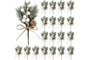 HanOBC 20 tallos de bayas blancas de 15 cm, ramas de pino artificial, púas florales de Navidad y aerosoles, púas florales de invierno para guirnalda, decoración de Navidad