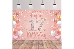 AURMONIGO Happy 17th Birthday Decorations Banner - Pink Rose Gold Decoration Backdrop Photography Background, Fabric Sign Poster for 17 Years Old Girls Birthday Party Supplies