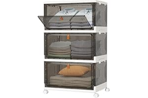 HOMIDEC Wardrobe Storage Organiser,3 Tier Stackable Clothes Storage Boxes with Wheels,Folding Drawers for Clothes,Cupboard Organiser for Bedroom Wardrobe Bathroom Kitchen,Grey 33L*3 Pack