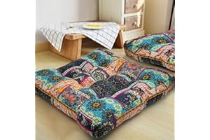 HIGOGOGO Boho Large Floor Cushion, Square Cotton Linen Meditation Pillow, Floor Gaming Seat, Yoga Pillow, Japanese Tatami Mat (Turquoise, 55x55 cm)