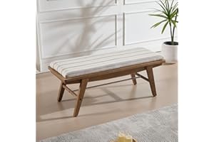 chairus Country Wood Ottoman Bench Linen Upholstered Bed End Bench, Rustic Window Seat for Entryway/Living Room/Dining Room, Stripe Print Khaki