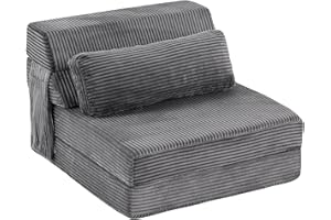 YOTATING Fold Folding Sofa Bed with Pillow, Corduroy Convertible Sleeper Chair, Comfy Floor Futon Mattress Lounge Sofa for Adults, Fold Out Chair Bed for Living Room, Bedroom, Single Size, Grey
